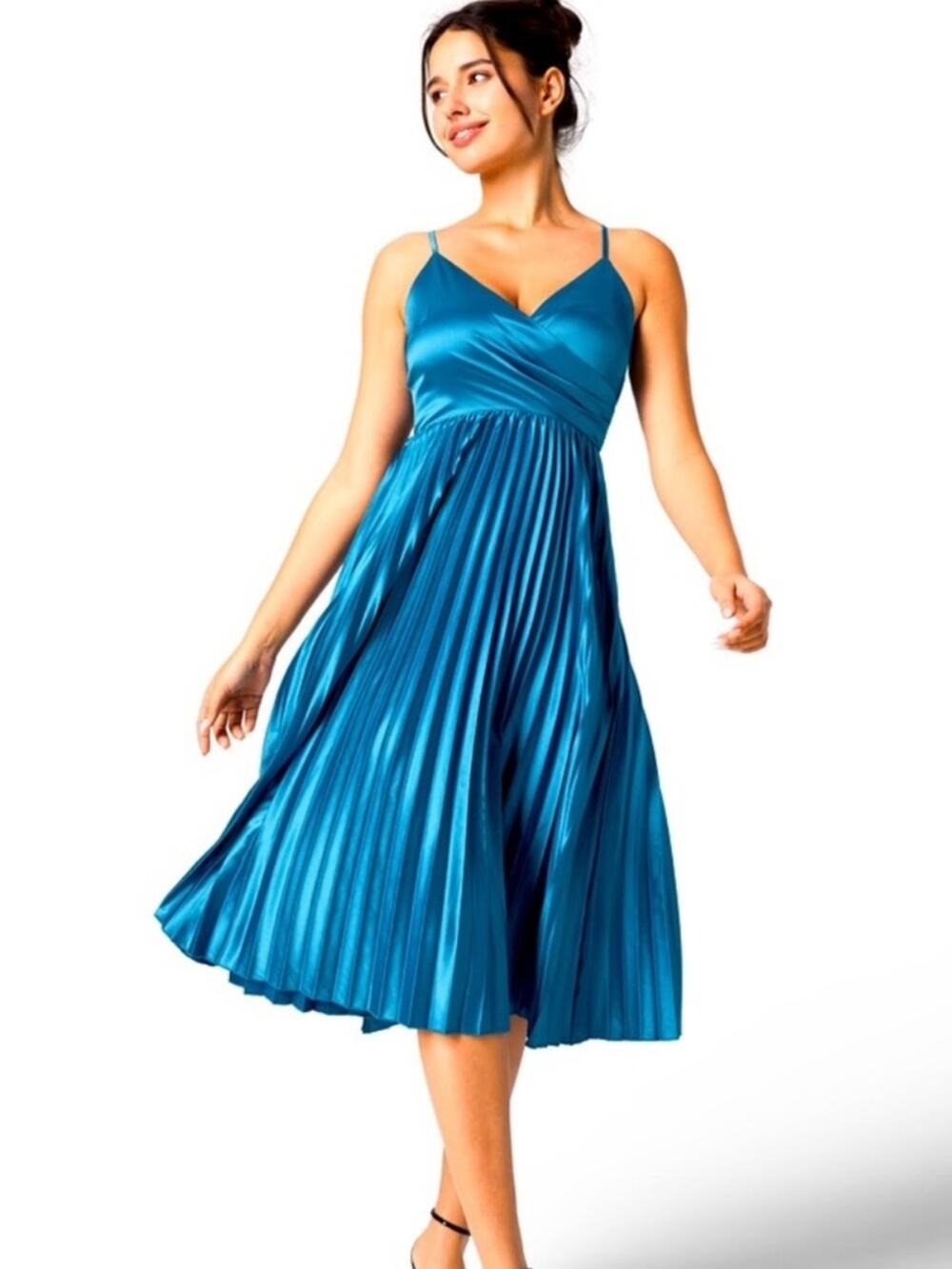 Halara Blue Silky Satin Wrap Front Pleated Skirt Midi Dress NWOT